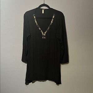Black Tunic Top with Gold Sequin V-Neck